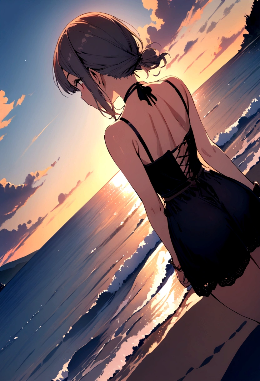 girl looking at the ocean, from behind,  landscape, wideangle, masterpiece, wallpaper