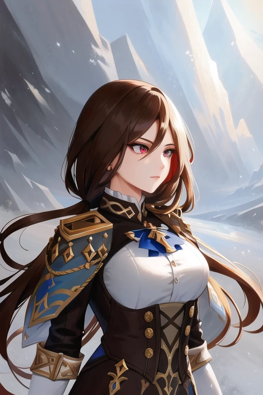a beautiful woman standing showing her entire body, adventurer with brown hair wearing full armor, detailed armor, face detailed, Eyes red. red detailed, detailed skin texture, detailed hair, highly detailed facial features, dramatic lighting, film composition, epic fantasy, digitalpainting, conceptual artwork, best qualityer, Masterpiece artwork, full body