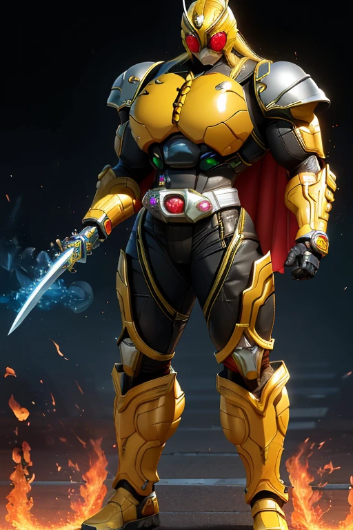 ((((Massive, beautiful, buff, muscular light brown skinned female kamen rider with yellow hair, black lipstick, ginormous bulky muscles, carrying a fire sword katana and wearing a gleaming yellow kamen rider armored suit with pants)))), {close view}, black eyeliner, massive muscles, large breast, massive biceps, hyper muscle triceps, (long flowing hair), gray eyes, kamen rider boots, (In a dilapidated city), (kamen rider armor), (cape) nighttime, closed smile, hyper muscles arms, hyper muscle legs, ginormous arms