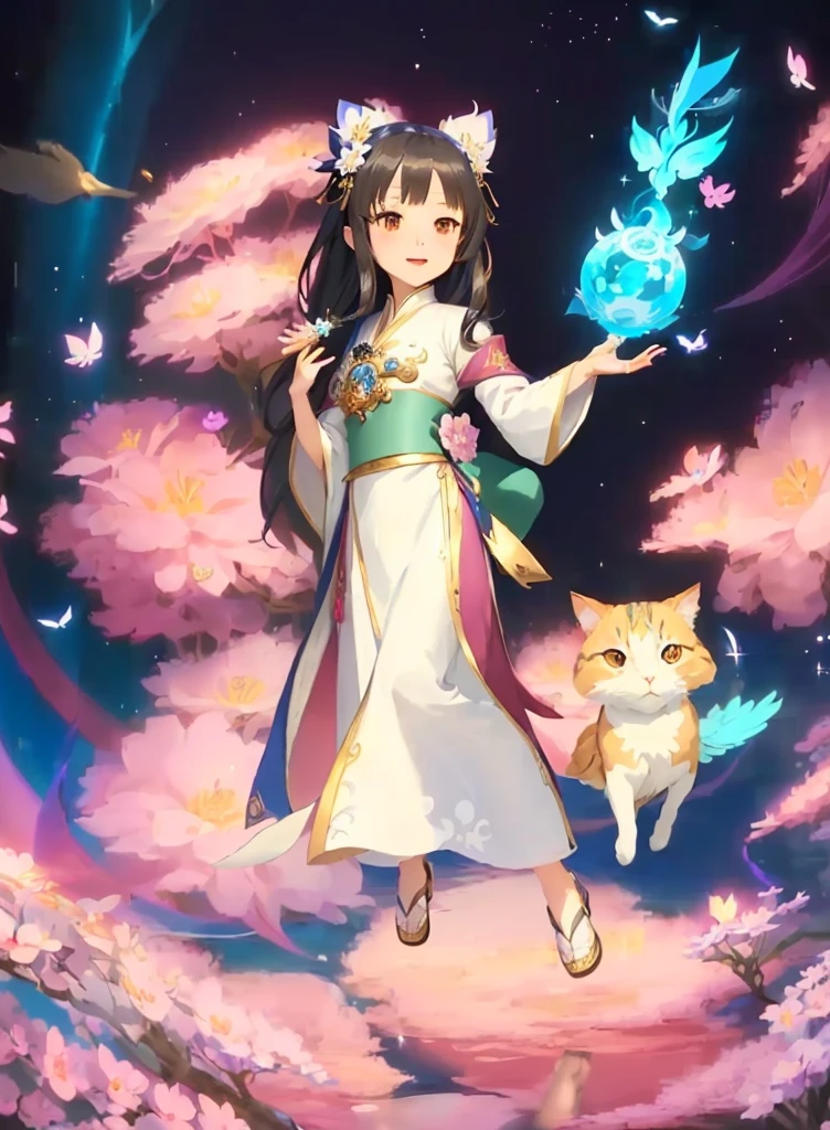A woman in a white dress holds a blue bird and a cat, Anime cute art style, Flowing Magic Robe, Official Artwork, Anime Cover, Onmyoji detailed art, Holding a magic wand, Anime fantasy illustration, Samada, Keqing from genshin impact, Beautiful celestial magician, Fantasy style anime, Official Art, 《Genshin Impact》Zhongli