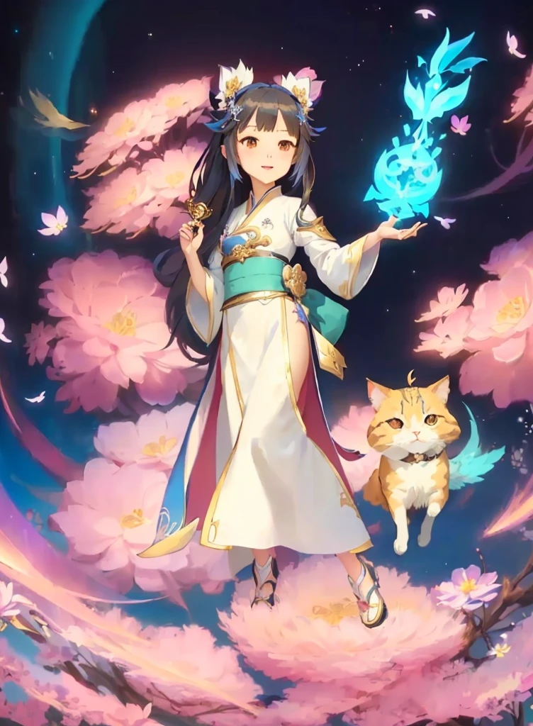 A woman in a white dress holds a blue bird and a cat, Anime cute art style, Flowing Magic Robe, Official Artwork, Anime Cover, Onmyoji detailed art, Holding a magic wand, Anime fantasy illustration, Samada, Keqing from genshin impact, Beautiful celestial magician, Fantasy style anime, Official Art, 《Genshin Impact》Zhongli
