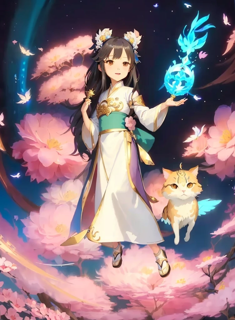 A woman in a white dress holds a blue bird and a cat, Anime cute art style, Flowing Magic Robe, Official Artwork, Anime Cover, Onmyoji detailed art, Holding a magic wand, Anime fantasy illustration, Samada, Keqing from genshin impact, Beautiful celestial magician, Fantasy style anime, Official Art, 《Genshin Impact》Zhongli