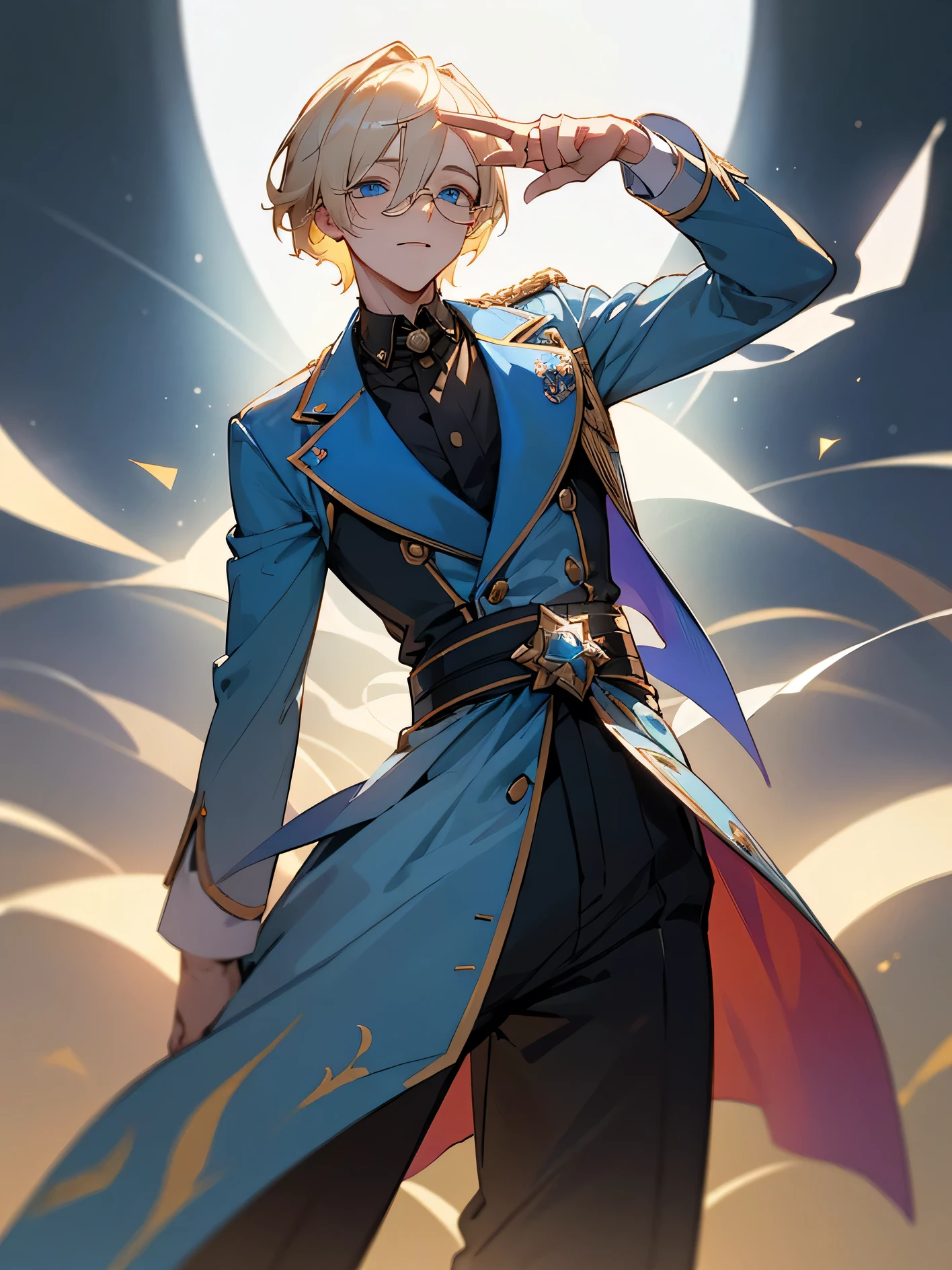 High quality,Beautiful background,detailed,masterpiece,beauty,1 person,Adult male,Up to the waist,idol,Cute Men,Handsome,idol衣装,Fluttering,Lots of cloth,Rimless glasses,笑face,idolのステージ上に立つ,Live,Hold the microphone, 
((((perfection_face))),Close one eye,(Beautiful lighting:1.3),Dynamic Lighting,Dynamic Pose,Active,Platinum Blonde,Standing pose,Golden Ratio,Light blue eyes