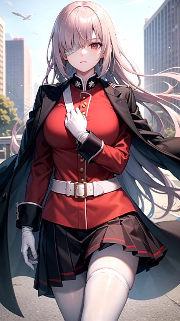 masterpiece, best quality, highres, bbfng, long hair, large breasts, bandage over one eye, black coat, coat on shoulders, military uniform, red jacket, long sleeves, white gloves, belt, pleated skirt, black skirt, white pantyhose, cowboy shot, standing, outdoors, looking at viewer,