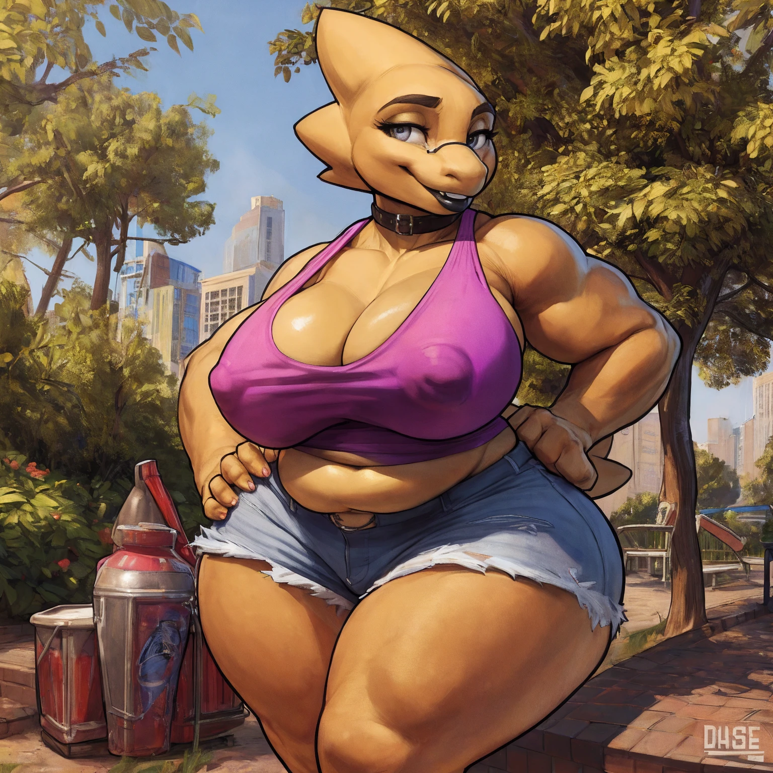 by darkgem, by duase, by bng, solo, 1girl, alphys, female, older woman, smooth body, chubby, broad shoulders, wide body, wide hips, thick thighs, big arms, heavy breasts, nipple outline, highly detailed eyes, milf, tank top, (bare midriff:1.3), cleavage, large areolae, denim cutoffs, visible thong straps, Masterpiece, best quality, absurd res, highly detailed, cleanly drawn eyes, park environment, standing upright, cute smile, big bottom lip, black lipstick, casual posture, hands on hips,