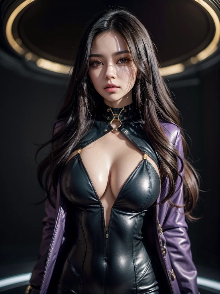 ,Closeup,Photograph, a woman, attractive, beautiful, busts large,sexy,slender, long wavy black hair, brown greenish eyes, purple overcoat, black v-neck bodice with laces, tight black pants with gold chain feel, futuristic background, the nebulous constellation space blue tones