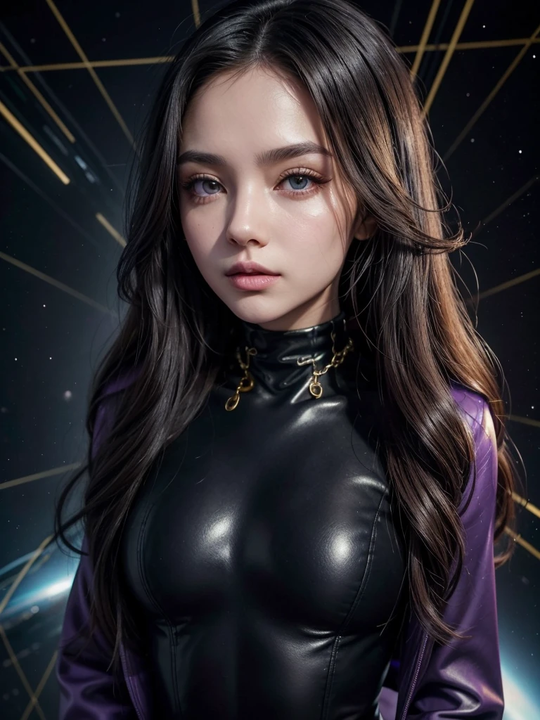 ,Closeup,Photograph, a woman, attractive, beautiful, busts large,sexy,slender, long wavy black hair, brown greenish eyes, purple overcoat, black v-neck bodice with laces, tight black pants with gold chain feel, futuristic background, the nebulous constellation space blue tones