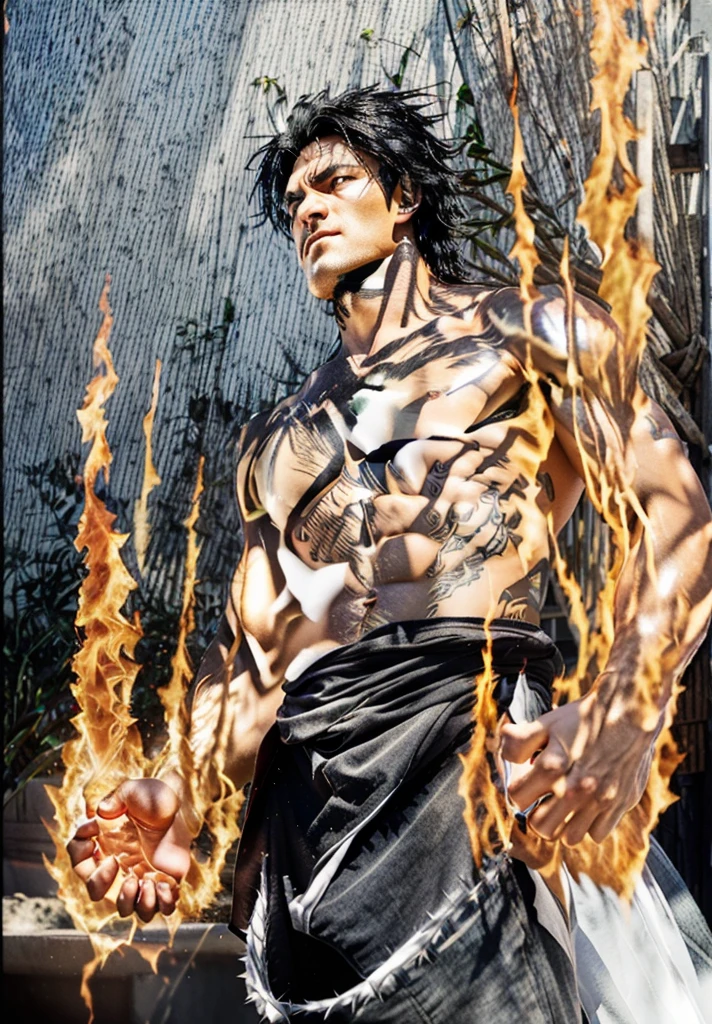 Shirtless man without tattoo, spiky black hair and a muscular build, emitting orange flames from his hands, RAW, Masterpiece, Ultra Fine Photo, Best Quality, Ultra High Resolution, Photorealistic, Sunlight, high quality, film grain, photorealism, Ray Tracing, NVIDIA RTX, Super-Resolution, Unreal Engine 5