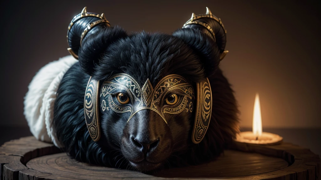 The mask is intricate and captivating, combining elements of a black sheep with tribal motifs. Made from a sturdy material, the surface is textured to mimic the wavy, dark wool of a black sheep, giving it a realistic and wild touch. The eyes of the mask are large and expressive, surrounded by tribal designs featuring geometric patterns and sinuous curves, symbolizing tradition and culture. Curved horns, also adorned with tribal details, project imposingly from the top of the mask. The harmonious blend of the black sheep and tribal elements results in a piece that is both mystical and powerful.