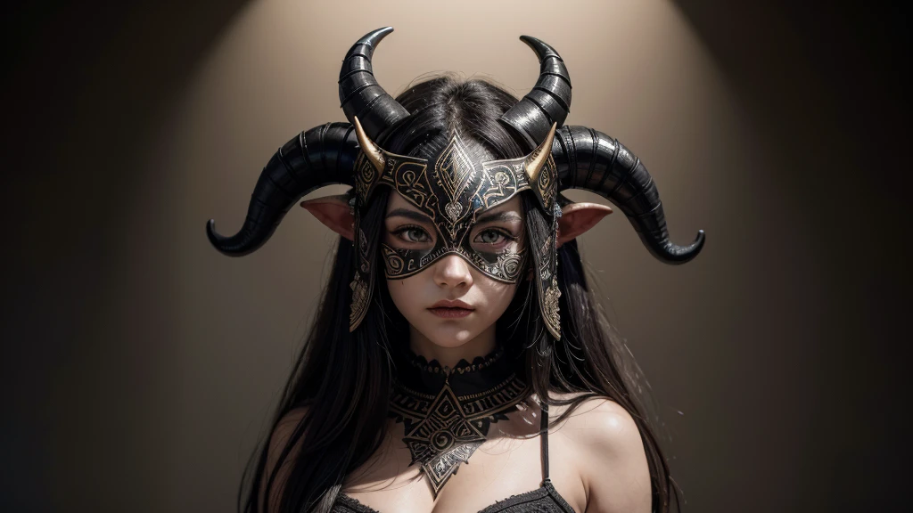 The mask is intricate and captivating, combining elements of a black sheep with tribal motifs. Made from a sturdy material, the surface is textured to mimic the wavy, dark wool of a black sheep, giving it a realistic and wild touch. The eyes of the mask are large and expressive, surrounded by tribal designs featuring geometric patterns and sinuous curves, symbolizing tradition and culture. Curved horns, also adorned with tribal details, project imposingly from the top of the mask. The harmonious blend of the black sheep and tribal elements results in a piece that is both mystical and powerful.
