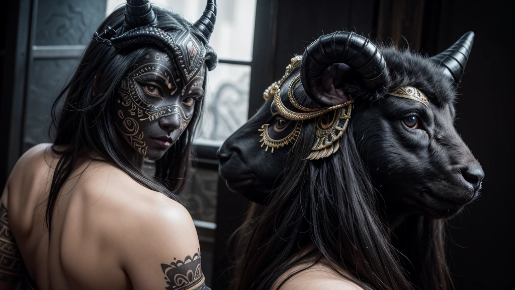 The mask is intricate and captivating, combining elements of a black sheep with tribal motifs. Made from a sturdy material, the surface is textured to mimic the wavy, dark wool of a black sheep, giving it a realistic and wild touch. The eyes of the mask are large and expressive, surrounded by tribal designs featuring geometric patterns and sinuous curves, symbolizing tradition and culture. Curved horns, also adorned with tribal details, project imposingly from the top of the mask. The harmonious blend of the black sheep and tribal elements results in a piece that is both mystical and powerful.