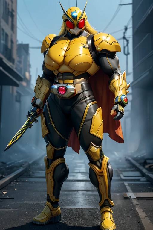 ((((Massive, beautiful, buff, muscular light brown skinned female kamen rider with yellow hair, black lipstick, ginormous bulky muscles, carrying a fire sword katana and wearing a gleaming yellow sleeveless kamen rider armored suit with pants)))), {close view}, black eyeliner, massive muscles, large breast, massive biceps, hyper muscle triceps, (long flowing hair), gray eyes, kamen rider boots, (In a dilapidated city), (kamen rider armor), (cape) nighttime, closed smile, hyper muscles arms, hyper muscle legs, ginormous arms