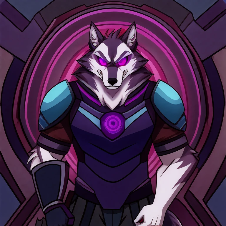 (masterpiece, best quality: 1.2), Vortex Hellhound, a bodyguard, wolf, furry, an amazing boss, hypnotized with glowing purple eyes, serious and angry face, wearing futuristic armor, arresting a female hellhound with normal eyes and white fur, scared face, wearing civilian clothes, in a technologic room