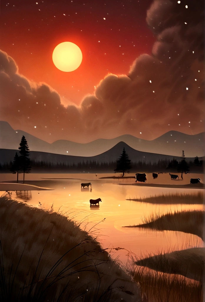 The wetland in the evening, winter, snowing, watering holes,sheeps,the water glistening, grazing cows and sheep, shrouded in the afterglow of the setting sun, the huge golden-red sun in the distant clouds, faintly discernible, filled with a mysterious atmosphere, (((no tree)),oli texture, by Brent Cotton, on an islamd, treasure chest on the sand
