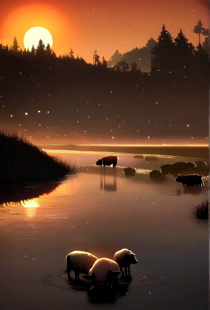 The wetland in the evening, winter, snowing, watering holes,sheeps,the water glistening, grazing cows and sheep, shrouded in the afterglow of the setting sun, the huge golden-red sun in the distant clouds, faintly discernible, filled with a mysterious atmosphere, (((no tree)),oli texture, by Brent Cotton, on an islamd, treasure chest on the sand