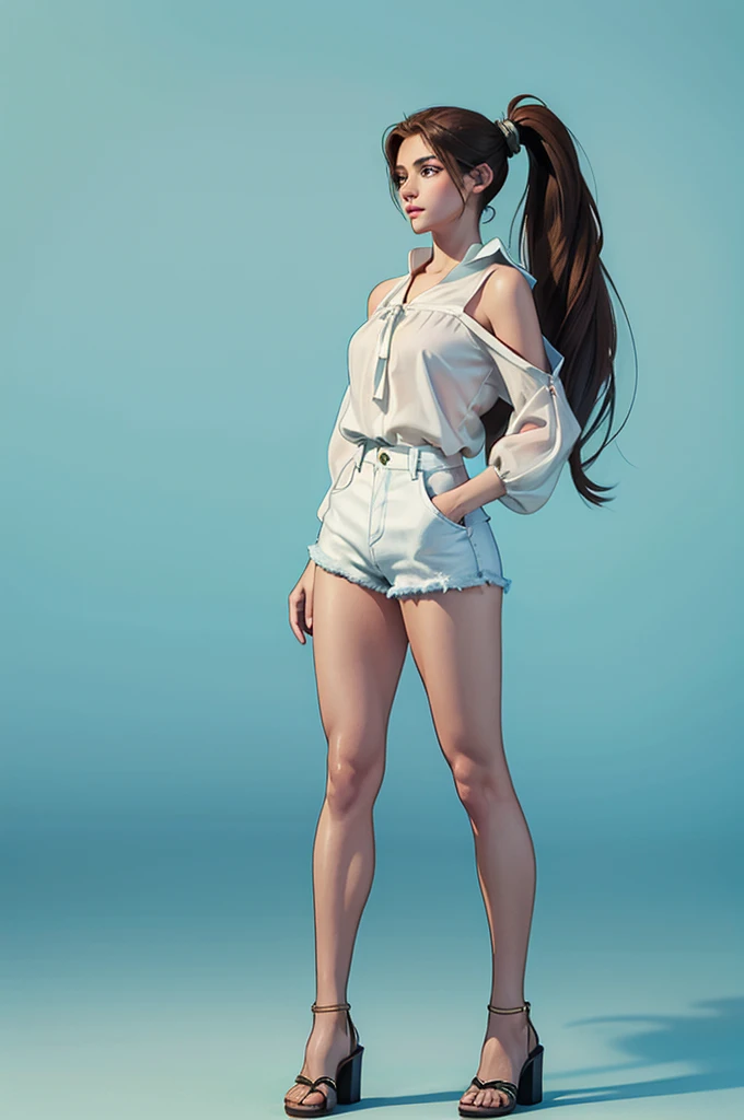 a woman, standing, front view, 18 years old, brown hair tied in a medium ponytail, green eyes with long eyelashes, white blouse with exposed shoulders, denim shorts, brown high-heeled sandals, attractive proportional body, minimalist full-length photo, 8k resolution, high quality, detailed