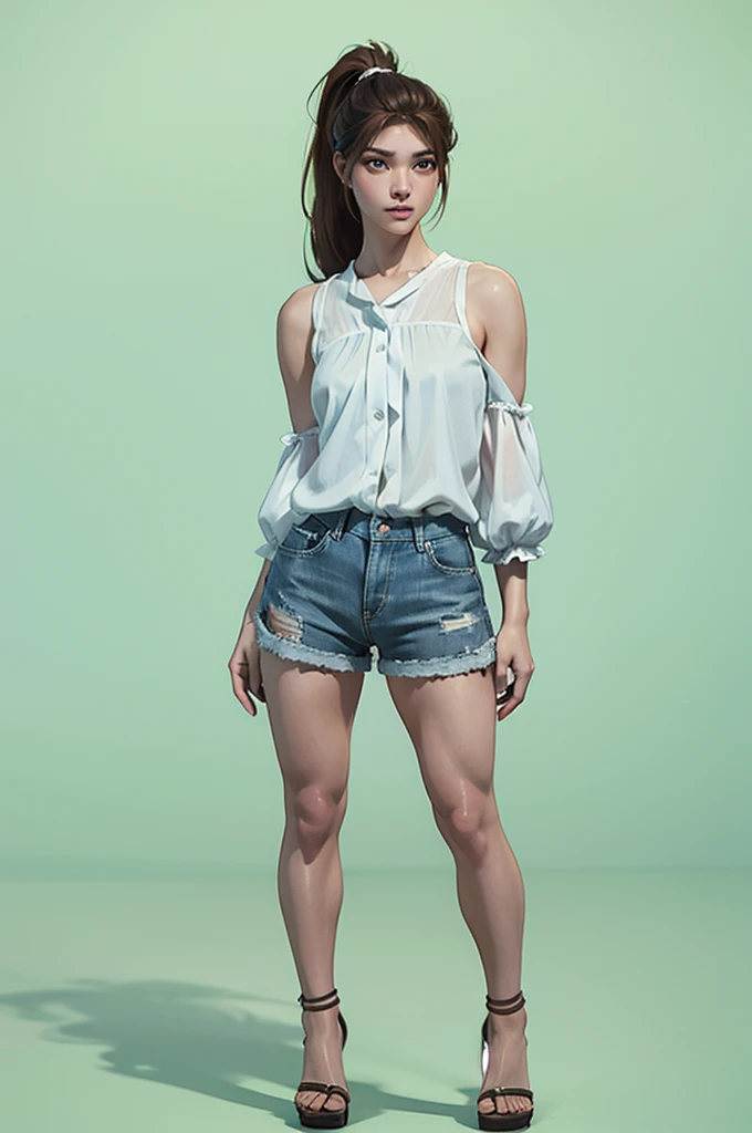 a woman, standing, front view, 18 years old, brown hair tied in a medium ponytail, green eyes with long eyelashes, white blouse with exposed shoulders, denim shorts, brown high-heeled sandals, attractive proportional body, minimalist full-length photo, 8k resolution, high quality, detailed