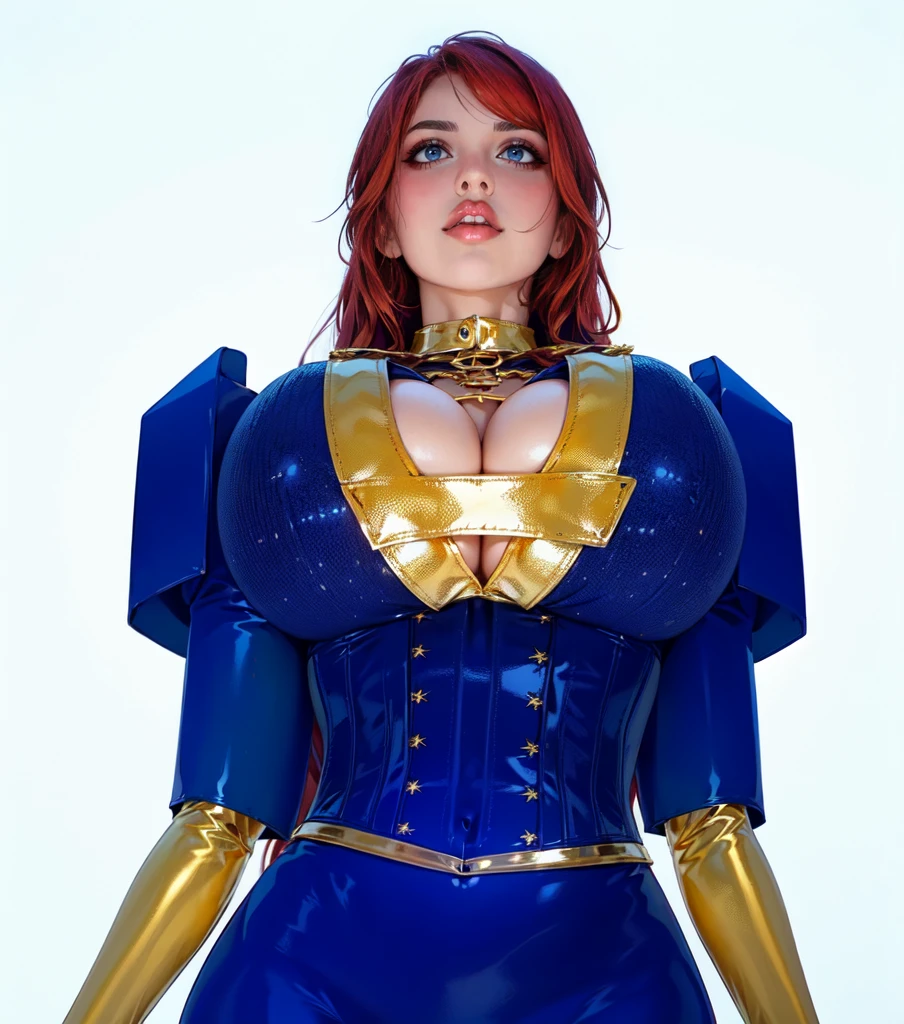 woman, redhead,red long hair, blue eyes, dark blue latex cloth with shoulder pad, golden stripes, cleavage, big breast, latex blue corset, blue latex skirt , golden gloves,standing
