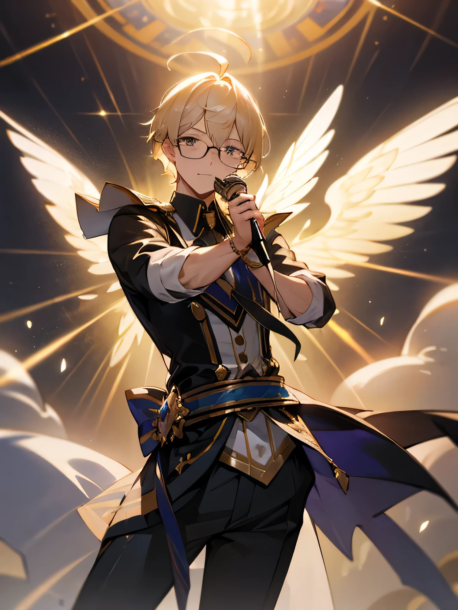 High quality,Beautiful background,detailed,masterpiece,beauty,1 person,Adult male,Up to the waist,idol,Cute Men,Handsome,idol衣装,Fluttering,Lots of cloth,Rimless glasses,笑face,idolのステージ上に立つ,Live,Hold the microphone,
((((perfection_face))),wink,(Beautiful lighting:1.3),Dynamic Lighting,Dynamic Pose,Active,Platinum Blonde,Standing pose,Golden Ratio