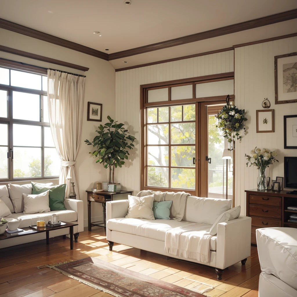 The image shows a cozy, minimalist bedroom with a central bed dressed in white linens. Natural light streams in through a large window with bamboo blinds, highlighting the wooden furniture and green foliage outside. Key elements include a stylish arched floor lamp, a guitar, a TV on a wooden media console, and various decorative items like candles, a vase with dried flowers, and a lantern-style lamp. The room exudes warmth and simplicity with light-colored walls and a focus on comfort and natural materials, hinted at by the text "stay with cotton" in the corner.