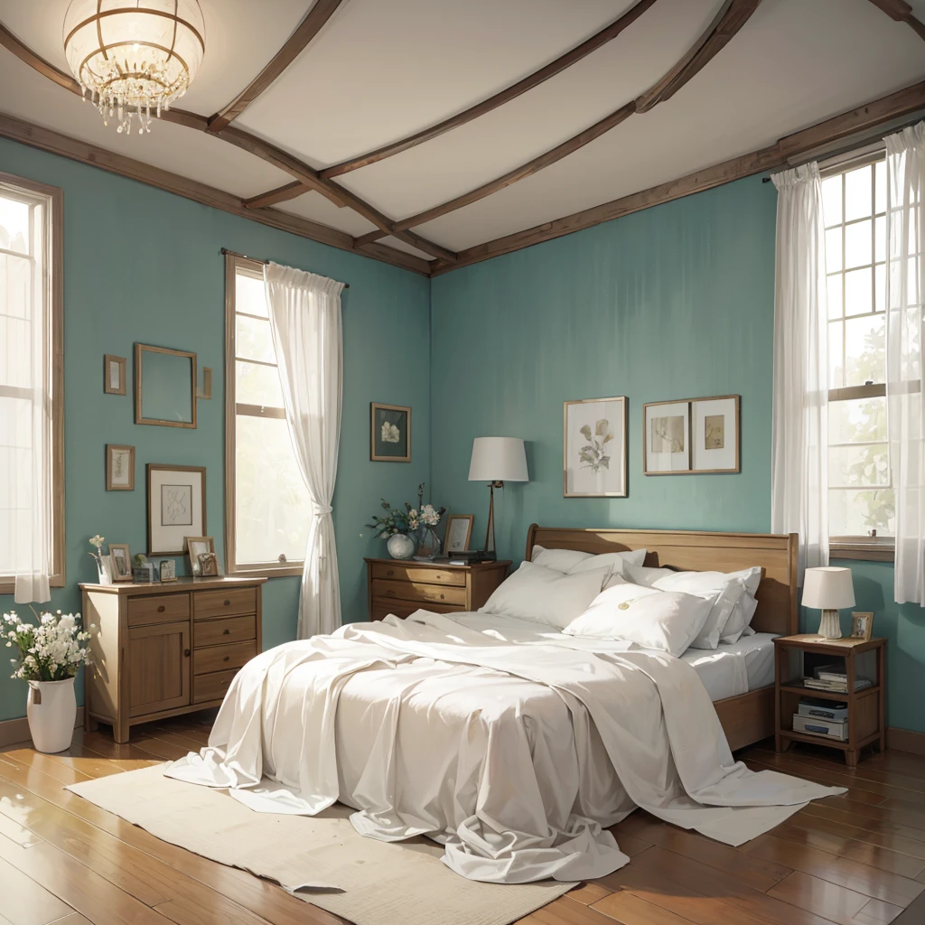 The image shows a cozy, minimalist bedroom with a central bed dressed in white linens. Natural light streams in through a large window with bamboo blinds, highlighting the wooden furniture and green foliage outside. Key elements include a stylish arched floor lamp, a guitar, a TV on a wooden media console, and various decorative items like candles, a vase with dried flowers, and a lantern-style lamp. The room exudes warmth and simplicity with light-colored walls and a focus on comfort and natural materials, hinted at by the text "stay with cotton" in the corner.