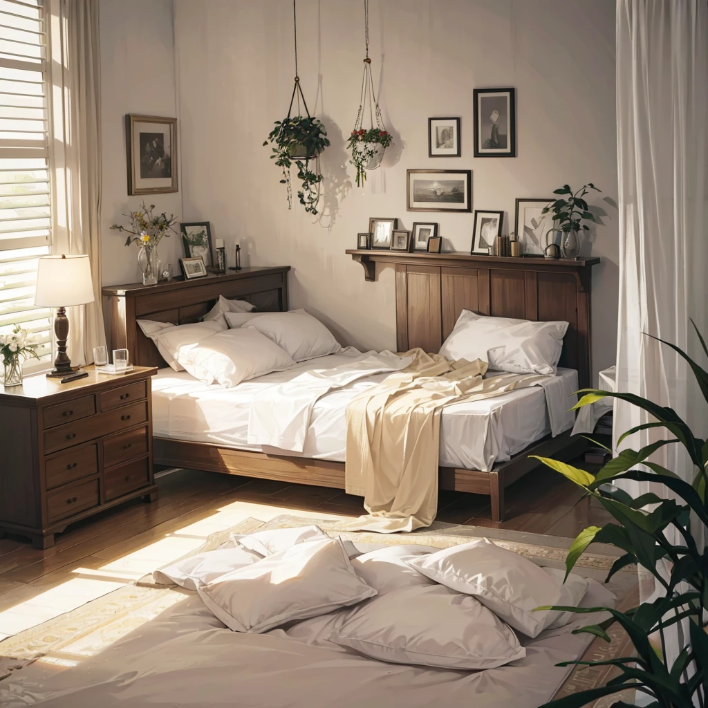 The image shows a cozy, minimalist bedroom with a central bed dressed in white linens. Natural light streams in through a large window with bamboo blinds, highlighting the wooden furniture and green foliage outside. Key elements include a stylish arched floor lamp, a guitar, a TV on a wooden media console, and various decorative items like candles, a vase with dried flowers, and a lantern-style lamp. The room exudes warmth and simplicity with light-colored walls and a focus on comfort and natural materials, hinted at by the text "stay with cotton" in the corner.