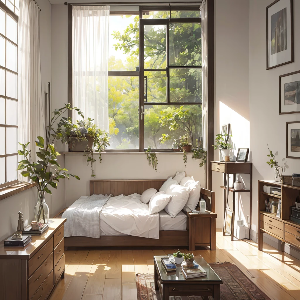 The image shows a cozy, minimalist bedroom with a central bed dressed in white linens. Natural light streams in through a large window with bamboo blinds, highlighting the wooden furniture and green foliage outside. Key elements include a stylish arched floor lamp, a guitar, a TV on a wooden media console, and various decorative items like candles, a vase with dried flowers, and a lantern-style lamp. The room exudes warmth and simplicity with light-colored walls and a focus on comfort and natural materials, hinted at by the text "stay with cotton" in the corner.