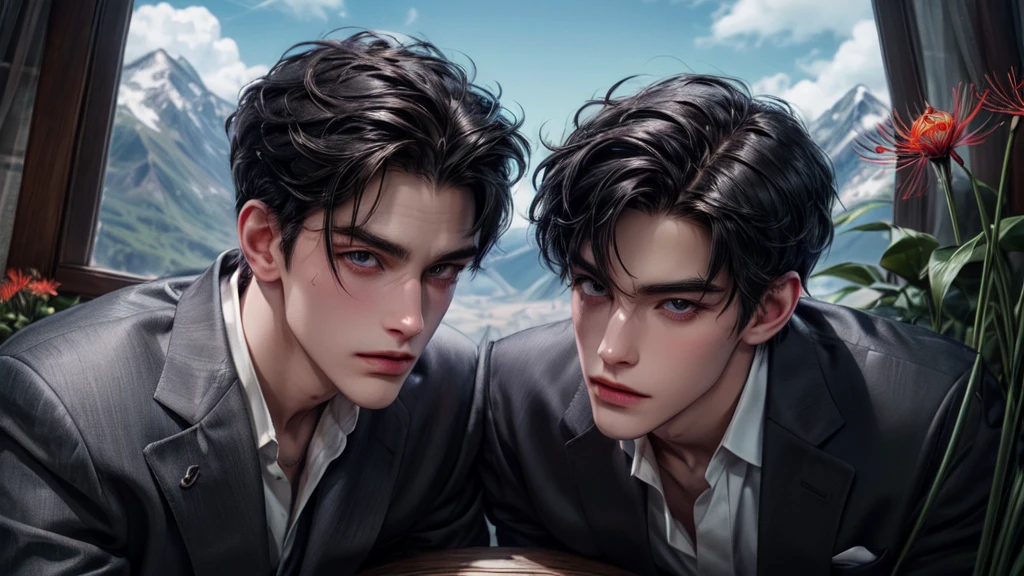 1male,handsome, cute face , charming face, fresh face, detail face, Sharp eyes, perfect eyes, perfect lips, ignore face, thick neck, pointed chin, prince suit, spider lily,sky,mountain,morrisstyle,Pinup,lying, black hair, short hair