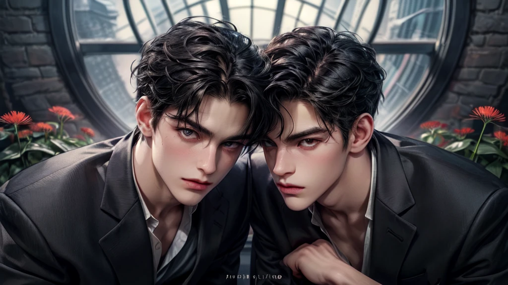 1male,handsome, cute face , charming face, fresh face, detail face, Sharp eyes, perfect eyes, perfect lips, ignore face, thick neck, pointed chin, prince suit, spider lily,sky,mountain,morrisstyle,Pinup,lying, black hair, short hair