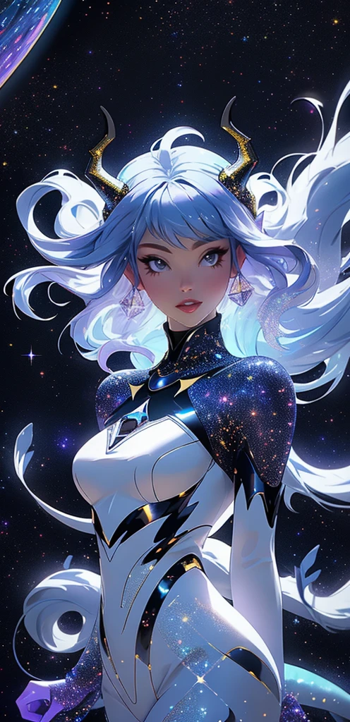 perfectly drawn face, black dress, stars detailed background, prismatic lighting, glitter, whole body, walking on the stars with crystal shoes A beautiful dragon humanoid woman with space hair of variant shades of blue and purple with space buns in hair , Golden scanes on the face and shoulders, Anime, 4k, Beautiful woman with a golden dragon tail and horns, Space hair, Floating in space, Vintage space Attire, floating through space, dancing, havign fun, Space Witch, Witch, Older woman, Toned physique, long hair with side bangs, humanoid face with scales, human with dragon horns and tail, witch outfit, body suit, thigh boots, wearing black, white and gold, blue hair, purple hair, Woman in space with water rippling reflecting the night sky, space and water mixed today, dancing in space, floating, ethereal dragon at the edge of the universe, end of the universe