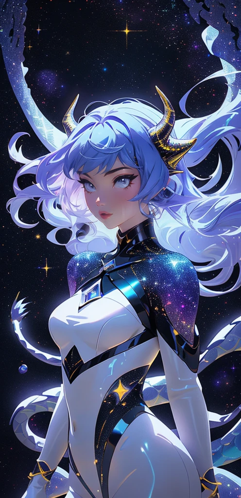 perfectly drawn face, black dress, stars detailed background, prismatic lighting, glitter, whole body, walking on the stars with crystal shoes A beautiful dragon humanoid woman with space hair of variant shades of blue and purple with space buns in hair , Golden scanes on the face and shoulders, Anime, 4k, Beautiful woman with a golden dragon tail and horns, Space hair, Floating in space, Vintage space Attire, floating through space, dancing, havign fun, Space Witch, Witch, Older woman, Toned physique, long hair with side bangs, humanoid face with scales, human with dragon horns and tail, witch outfit, body suit, thigh boots, wearing black, white and gold, blue hair, purple hair, Woman in space with water rippling reflecting the night sky, space and water mixed today, dancing in space, floating, ethereal dragon at the edge of the universe, end of the universe