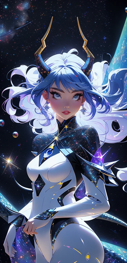 perfectly drawn face, black dress, stars detailed background, prismatic lighting, glitter, whole body, walking on the stars with crystal shoes A beautiful dragon humanoid woman with space hair of variant shades of blue and purple with space buns in hair , Golden scanes on the face and shoulders, Anime, 4k, Beautiful woman with a golden dragon tail and horns, Space hair, Floating in space, Vintage space Attire, floating through space, dancing, havign fun, Space Witch, Witch, Older woman, Toned physique, long hair with side bangs, humanoid face with scales, human with dragon horns and tail, witch outfit, body suit, thigh boots, wearing black, white and gold, blue hair, purple hair, Woman in space with water rippling reflecting the night sky, space and water mixed today, dancing in space, floating, ethereal dragon at the edge of the universe, end of the universe