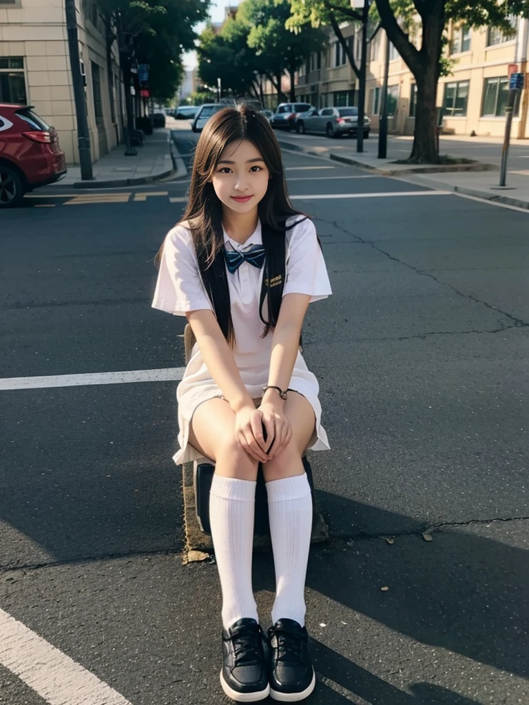 First-person perspective,A female high school student,street,，White knee socks