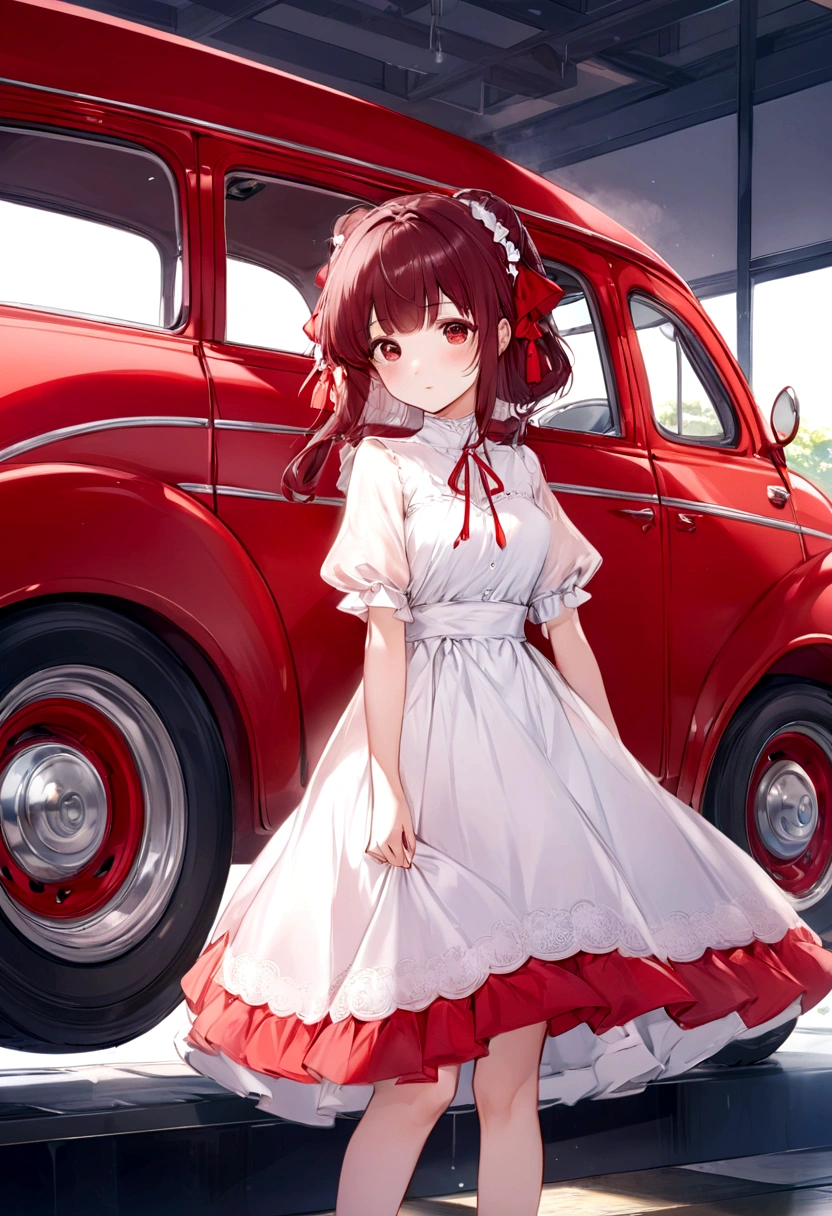 Arafe girl in a white dress standing next to a red car、Anime Style4K、Anime Style。8K、cute anime waifu in a nice dress、Anime Moe Art Style、8K!、Shirarei Reimu、Anime Painter Studio、Guweiz、Smooth anime CG art、ワルアニメ8K、Made in high quality anime art style