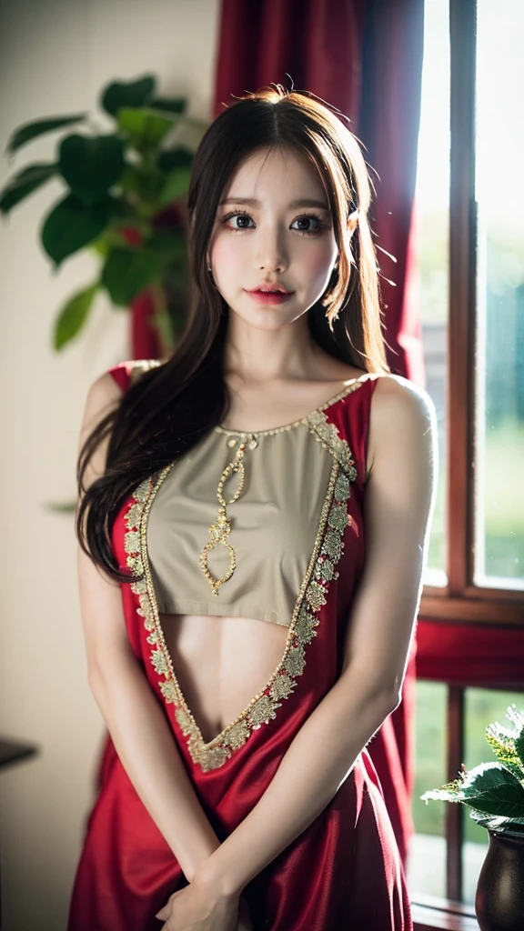 (((HD photo))), ultra high res.photorealistic:. 1.4, UHD1 girl,beautiful detailed eyes,beautiful detailed lips,extremely detailed face,long eyelashes,medium:oil painting,soft lighting,impressionistic style,red colors,beautifully shalwar kameez dressed,wistful expression,standing with one hand on the window frame,gentle breeze blowing her hair,warm sunlight streaming through the window,green plants visible outside the window,soft curtains framing the girl,peaceful atmosphere,serene and tranquil ambiance