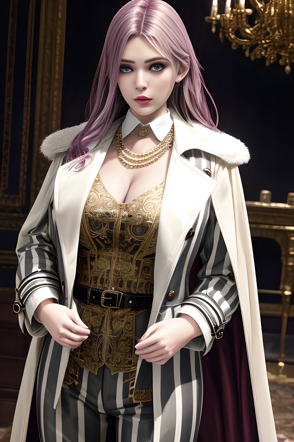 1girl,Wearing an elegant and fashionable suit. He is wearing a long white trench coat, and the buttons and belt design of the trench coat add a touch of classicism. He is wearing a dark striped suit, including a suit jacket and pants, and black gloves on his hands,, beautiful detailed eyes, beautiful detailed lips, extremely detailed eyes and face, long eyelashes, best quality, 4k, 8k, highres, masterpiece, ultra-detailed, realistic, photorealistic, photo-realistic, ethereal glow, regal elegance, intricate details, luxurious, otherworldly beauty, dark atmospheric background, supernatural aura,  elise,