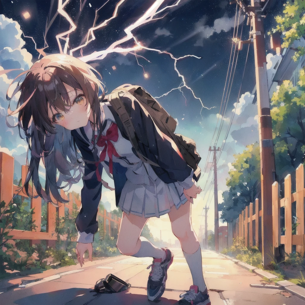 Anime girl walking down the street with a backpack, Struck by lightning and losing consciousness,lightning,White of the eyes,anime lighting, 4K Manga Wallpapers, Anime Wallpaper, Anime Style 4k, 4KAnime Wallpaper, 彼女はlightningを引き付けています, 彼女の後ろでlightningが光る, Anime Wallpaper4k, Anime Wallpaper 4k, anime art wallpaper 4k, anime art wallpaper 4k, Railgun