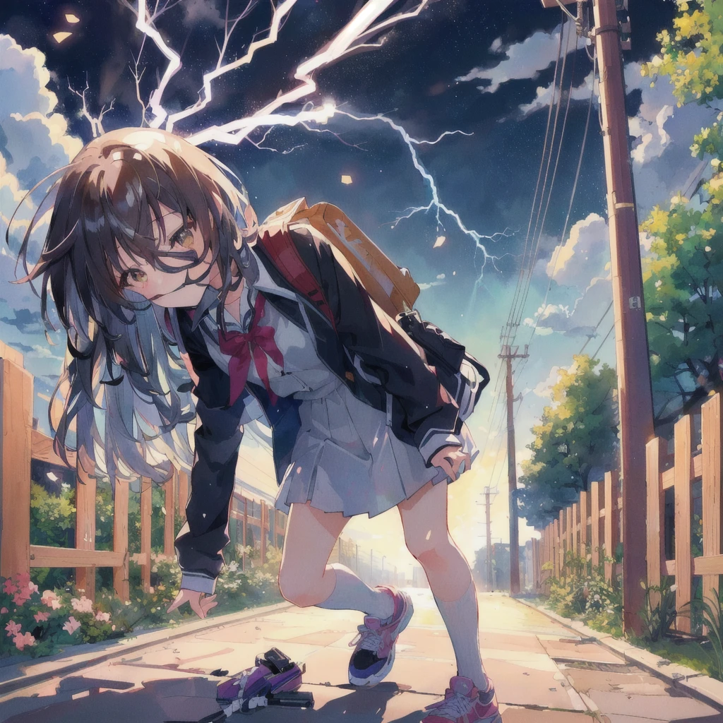 Anime girl walking down the street with a backpack, Struck by lightning and losing consciousness,lightning,White of the eyes,anime lighting, 4K Manga Wallpapers, Anime Wallpaper, Anime Style 4k, 4KAnime Wallpaper, 彼女はlightningを引き付けています, 彼女の後ろでlightningが光る, Anime Wallpaper4k, Anime Wallpaper 4k, anime art wallpaper 4k, anime art wallpaper 4k, Railgun