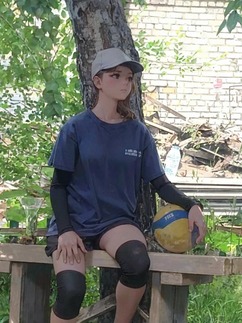 a beautiful girl sitting on a bench under a birch tree, summer day, lush green grass, soft sunlight, serene atmosphere, detailed facial features, delicate skin, flowing hair, elegant dress, contemplative expression, photorealistic, 4k, highly detailed, vivid colors, natural lighting, masterpiece
