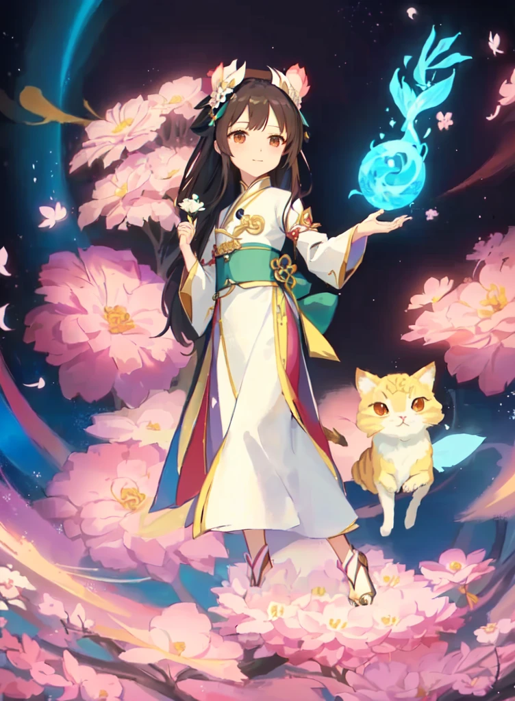 A woman in a white dress holds a flower in her right hand，With a magic kitten, Anime cute art style, Flowing Magic Robe, Official Artwork, Anime Cover, Onmyoji detailed art, Anime fantasy illustration, Samada, Keqing from genshin impact, Beautiful celestial magician, Fantasy style anime, Official Art, 《Genshin Impact》Zhongli