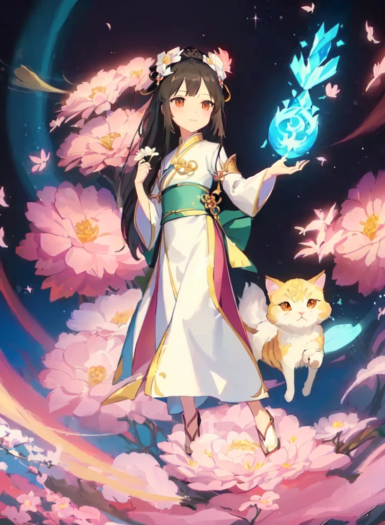A woman in a white dress holds a flower in her right hand,With a magic kitten, Anime cute art style, Flowing Magic Robe, Official Artwork, Anime Cover, Onmyoji detailed art, Anime fantasy illustration, Samada, Keqing from genshin impact, Beautiful celestial magician, Fantasy style anime, Official Art, 《Genshin Impact》Zhongli