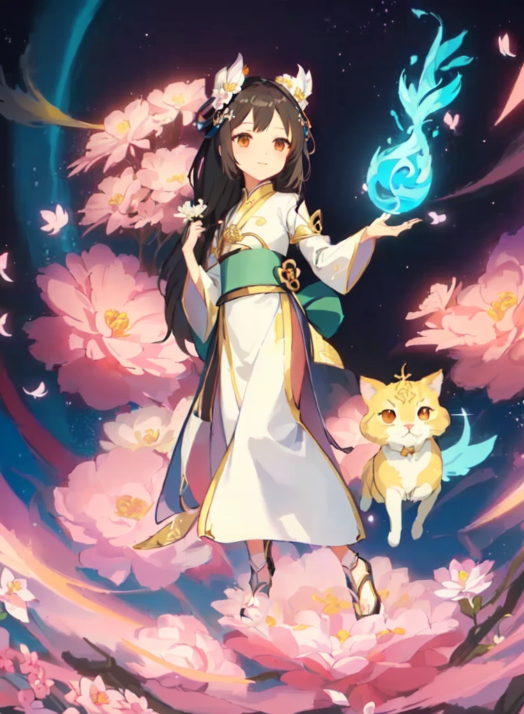 A woman in a white dress holds a flower in her right hand，With a magic kitten, Anime cute art style, Flowing Magic Robe, Official Artwork, Anime Cover, Onmyoji detailed art, Anime fantasy illustration, Samada, Keqing from genshin impact, Beautiful celestial magician, Fantasy style anime, Official Art, 《Genshin Impact》Zhongli