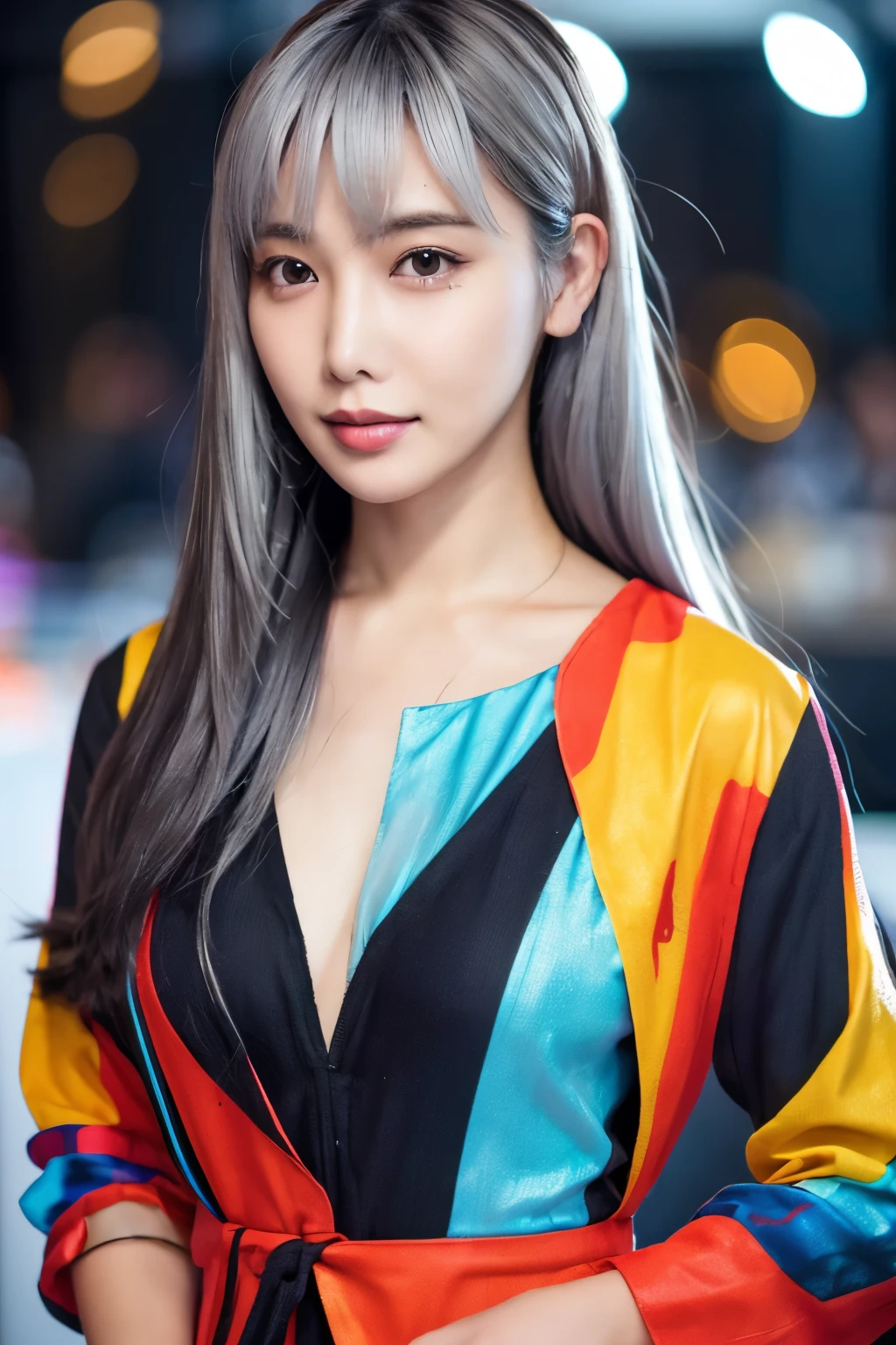 Masterpiece, high quality, high resolution, 8K, (solo:1.2), ((1girl)), Japanese woman, detailed face, detailed eyes, correct body structure, upper body, ((White hair:1.2)), very long hair, messy hair, slender body, seductive silhouette, luminous bones, depth of field, dark photo at nighttime, dimly lit, bangs, Cinematic Lighting, Tyndall effect, abstract background, futuristic outfits, vibrant colors, modern style, wide sleeves, artistic, unique patterns, colorful, stylish, trendy