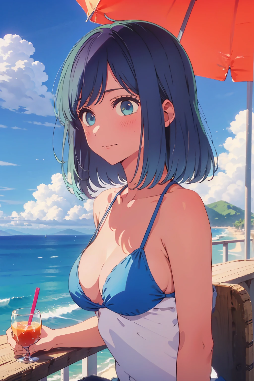 (Highest quality:1.4, 8k:1.4, detailed), largeBig Breasts, Slim and beautiful arms, Slim body, 1 person, smile, Swimwear, sitting, city in the background, Outdoor café terrace, coastal, Navy hair color, juice, table, side-tie bikini, from below, Very cute face, looking at the camera, Very beautiful face, Very blue sky