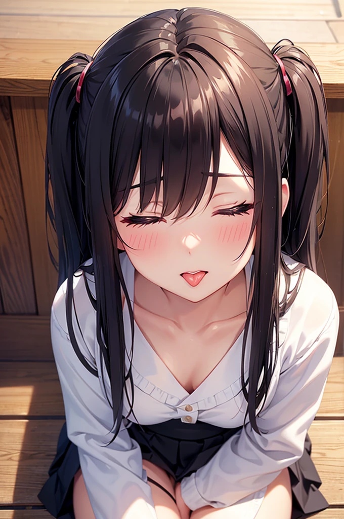 From above, (Close ~ eyes:1.2) One Girl, blush, sit, nsfw,beautiful girl,skirt, Anime move,Two Side Up、(Gloss Lip)、Thick lips,Kissing Face,Open your mouth、Sticking out tongue
