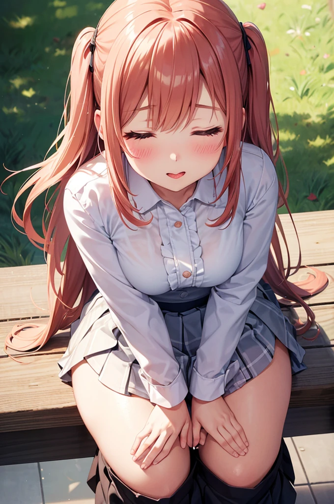 From above, (Close ~ eyes:1.2) One Girl, blush, sit, nsfw,beautiful girl,skirt, Anime move,Two Side Up、(Gloss Lip)、Thick lips,Kissing Face,Open your mouth、Sticking out tongue