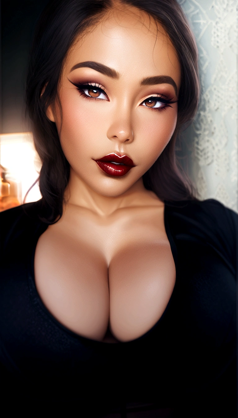a close up of a woman with a big breast and a black top, cleavage, thick lips, portrait sophie mudd, sie boob, jaw-dropping beauty, sexy girl with dark complexion, thick red lips, large full lips, deep red lips, jaw dropping beauty, retouched in photoshop, 🤤 girl portrait, sexy face, sexy lips, asian female