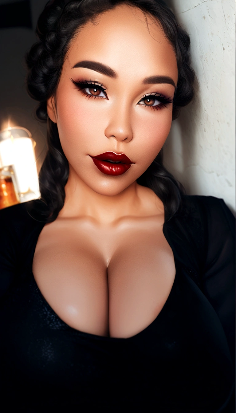 a close up of a woman with a big breast and a black top, cleavage, thick lips, portrait sophie mudd, sie boob, jaw-dropping beauty, sexy girl with dark complexion, thick red lips, large full lips, deep red lips, jaw dropping beauty, retouched in photoshop, 🤤 girl portrait, sexy face, sexy lips, asian female