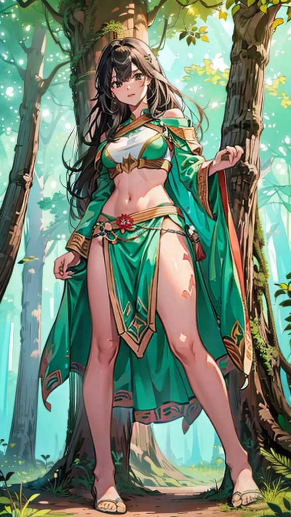 In a forest of large trees there is an even larger Amazonian giantess, with brown skin, black hair, thin, with clothes of the forest, and with very long legs, she is looking for small human invaders of the forest to destroy them so that they do not disturb the peace of the forest. Giantess, goddess, hot, black skin, tall legs, sexy, tiny people, tiny humans, crush, forest, trees, standing, group of small people, slim body