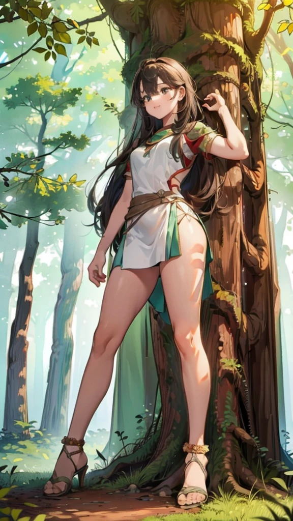 In a forest of large trees there is an even larger Amazonian giantess, with brown skin, black hair, thin, with clothes of the forest, and with very long legs, she is looking for small human invaders of the forest to destroy them so that they do not disturb the peace of the forest. Giantess, goddess, hot, black skin, tall legs, sexy, tiny people, tiny humans, crush, forest, trees, standing, group of small people, slim body
